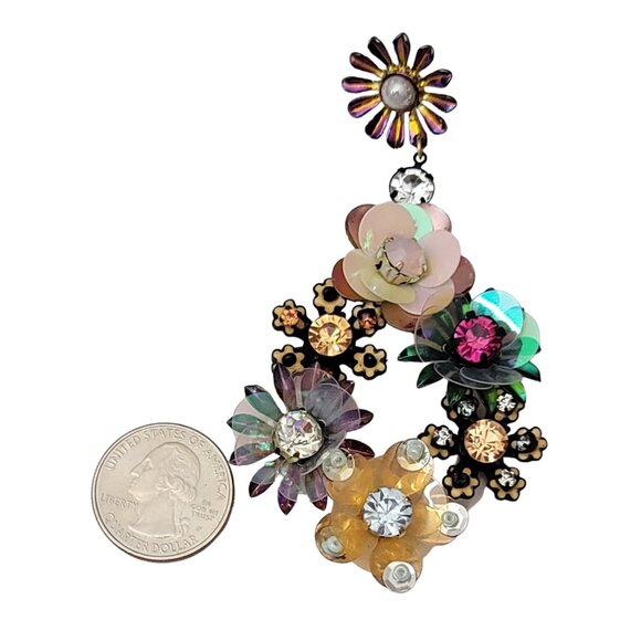 Floral, Plastics, Glass Bead, Sequin Artisan Post Drop Dangle Earrings - Picture 8 of 10